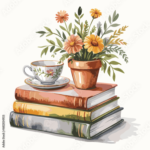 Vintage Watercolor Cup of Coffee on Stack of Books Cozy Reading Concept