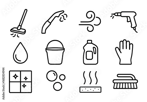 Steam Cleaning Icons. Outline icon set of steam cleaning: steam mop, nozzle, vapor swirl, spray gun, droplet,
