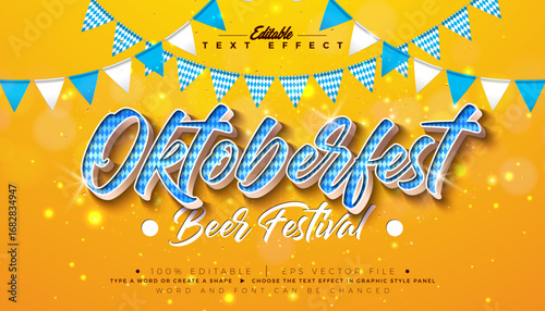 Oktoberfest 3D Editable Text Effect Design with Bavaria Flag Pattern Typography and Party Flag on Yellow Background. Traditional Germany Festival Scalable Vector Graphic Style Illustration Template