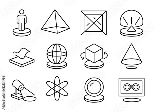 Holographic Icon Set. Outline icon set of immersive holographic installations: hologram figure, glowing