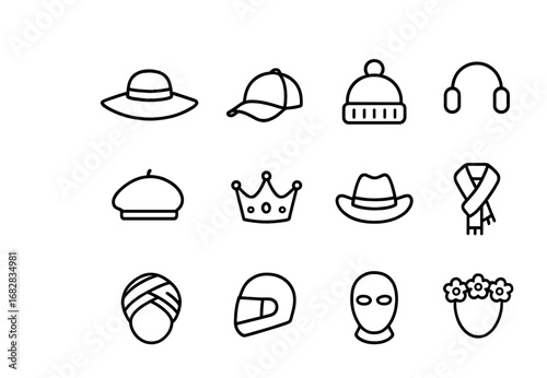 Seasonal Headwear Icons. Outline icon set of seasonal headwear: sun hat, cap, beanie, earmuffs, beret, crown,