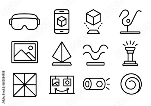 Augmented Reality Icons. Outline icon set of augmented reality exhibitions: AR headset, phone screen, hologram