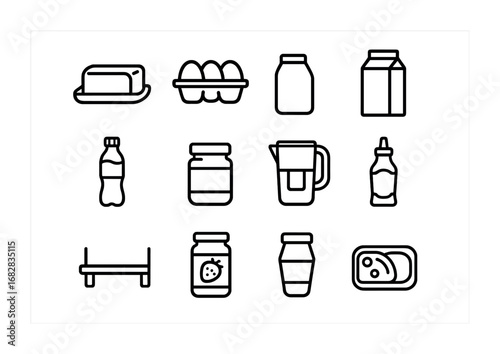 Fridge Organization Icons. Outline icon set of fridge door organization: butter compartment, egg tray, milk