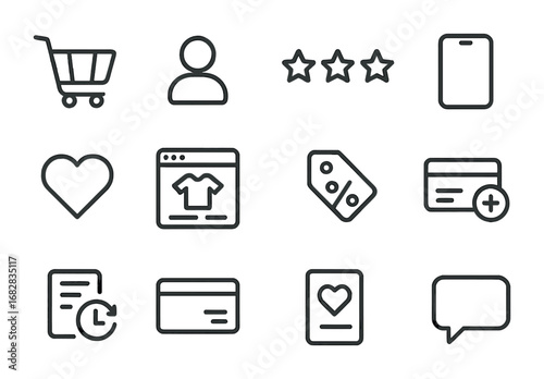 Online Shopping Icons. Outline icon set of online customer behavior: shopping cart, user profile, rating stars