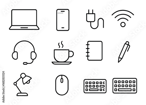 Coffee Shop Essentials. Outline icon set of working in a coffee shop: laptop, smartphone, charger, Wi-Fi