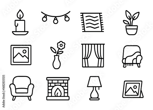 Cozy Café Icon Set. Outline icon set of cozy café ambiance: candle, string lights, rug, plant pot, wall art,