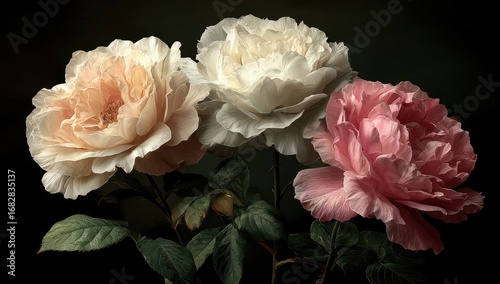Three pastel roses, peach, white, and pink, on dark background
