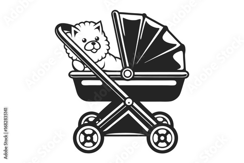 Style Baby Stroller Design with Cute Puppy on White Background