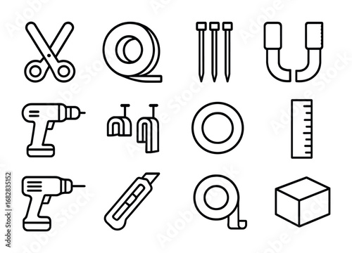 DIY Cable Management Icons. Outline icon set of DIY cable management: scissors, tape, zip ties, Velcro strips,