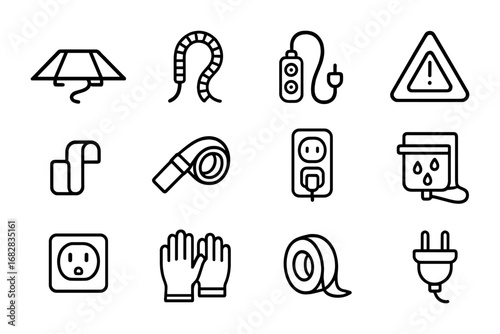 Cord Safety Icons. Outline icon set of cord safety: floor cable cover, cord protector, surge protector,