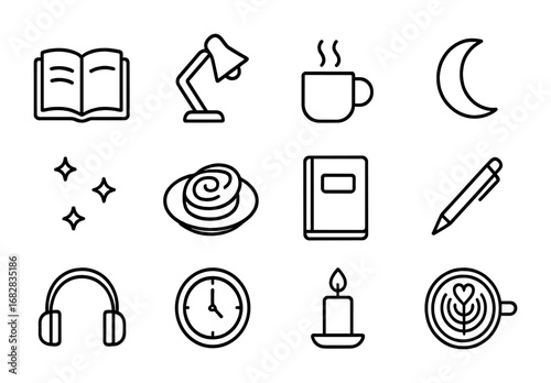 Late-Night Coffee Icons. Outline icon set of late-night coffee shop moments: open book, desk lamp, steaming