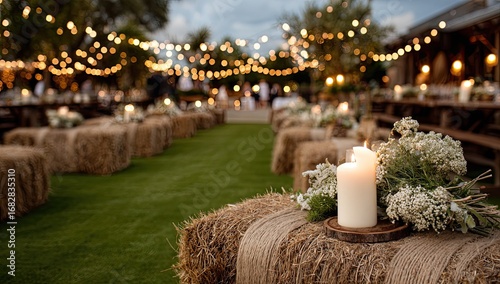 Rustic outdoor wedding reception, hay bales, candles, string lights