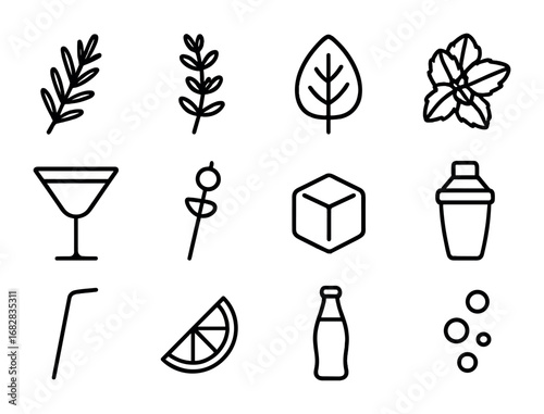 Herbal Cocktail Icons. Outline icon set of herbal cocktails: rosemary sprig, thyme twig, basil leaf, mint