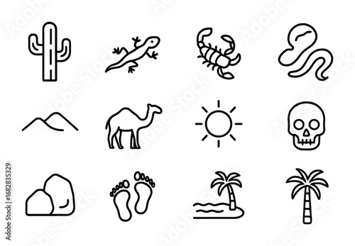 Desert Icon Grid. Outline icon set of desert reserves: cactus, lizard, scorpion, snake, sand dune, camel, sun,