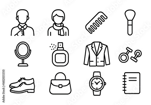 Meeting Prep Icons. Outline icon set of getting ready for meetings: tie adjustment, scarf wrap, hair comb,