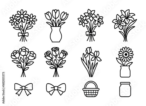 Floral Icon Grid. Outline icon set of floral arrangements: daisy bouquet, tulip vase, daffodil bunch, lily