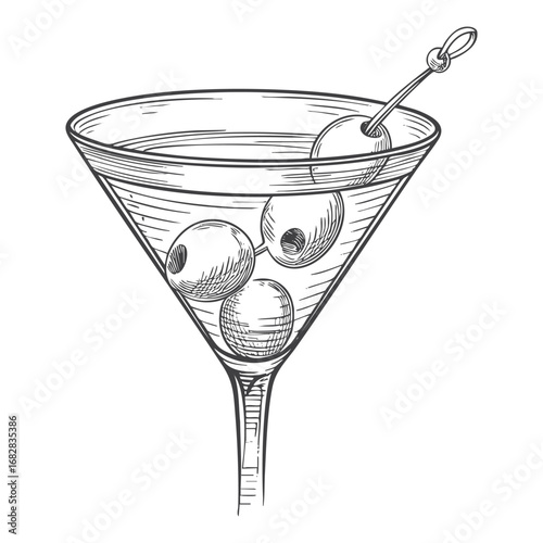 Vintage Martini Glass with Olives Hand Drawn Cocktail Drink Illustration
