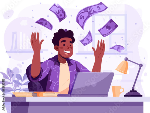A young man sits at his desk, smiling widely as bills fall from above. He is engaged with his laptop, showcasing a moment of financial joy and achievement in a stylish home office.