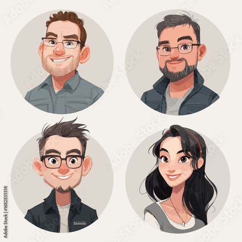 Four illustrated portraits feature diverse characters, each displaying distinct hairstyles, facial expressions, and accessories. The style is colorful and cartoonish, reflecting uniqueness.