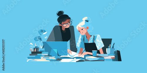 Two women are engaged in a detailed discussion while reviewing a book at a tidy work area. Their collaboration suggests a creative and productive atmosphere.