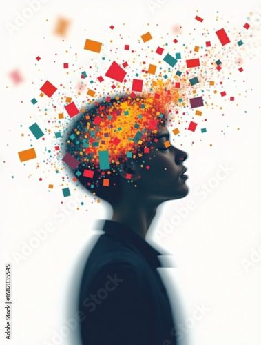 Dynamic silhouette of a hyperactive person in motion with multiple blurred outlines and colorful abstract fragments, representing ADHD, focus, and cognitive energy.
