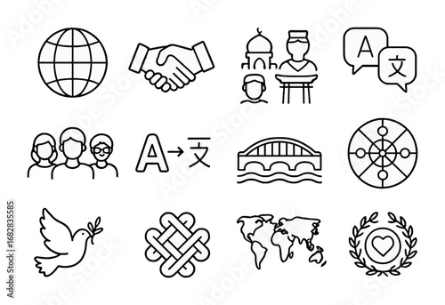 Cross-Cultural Icon Set. Outline icon set of cross-cultural collaboration: globe, handshake, cultural icons,
