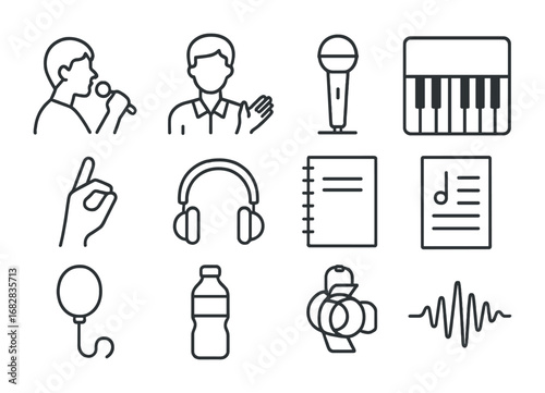 Vocal Coaching Icons. Outline icon set of vocal coaching: singer silhouette, vocal coach, microphone, piano,