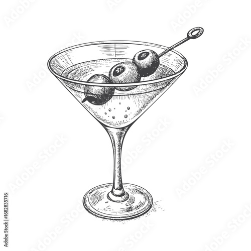 Vintage Martini Glass with Olives Hand Drawn Cocktail Drink Illustration
