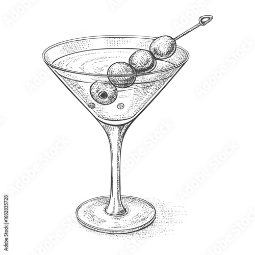 Vintage Martini Glass with Olives Hand Drawn Cocktail Drink Illustration