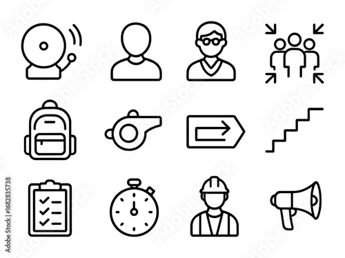 School Drill Icons. Outline icon set of school evacuation drill: school bell, student, teacher, assembly point
