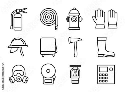 Fire Safety Icons. Outline icon set of fire safety equipment: extinguisher, hose reel, fire hydrant,