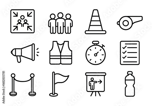 Evacuation Icons Grid. Outline icon set of evacuation assembly area: assembly sign, group of people, safety