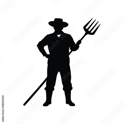 Silhouette of a resolute farmer in vintage attire holding a pitchfork and staff, farmer with pitchfork silhouette vector illustration