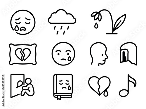 Icons of Sadness. Outline icon set of sadness: crying face, dark cloud, rain drops, drooping flower, wet