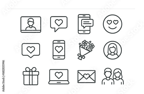 Digital Romance Icons. Outline icon set of digital romance: video call, heart notification, smartphone with