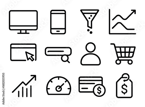 Digital Commerce Icons. Outline icon set of digital commerce metrics: website icon, mobile phone, conversion