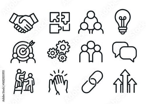 Team Collaboration Icons. Outline icon set of team collaboration: handshake, puzzle pieces, group circle,