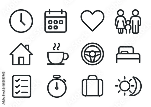Work-Life Balance Icons. Outline icon set of work-life balance: clock, calendar, heart, family icon, house,