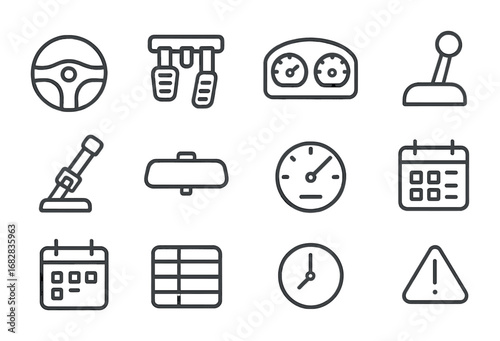 Vehicle Icon Set. Outline icon set of vehicle operation: steering wheel, pedals, dashboard, gearshift,