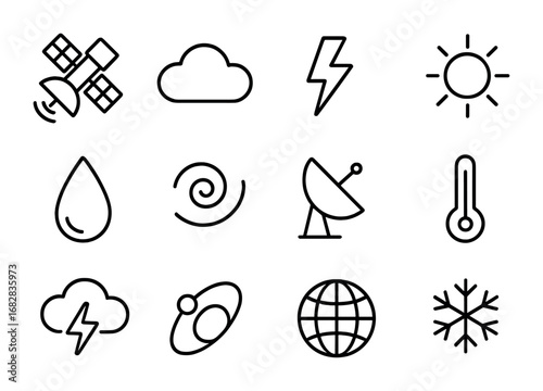 Weather Satellite Icons. Outline icon set of weather satellites: satellite, cloud, lightning bolt, sun, rain