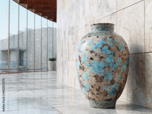 A large, ornate ceramic vase with a textured, mottled design of light brown and muted turquoise accents stands in a contemporary, light-filled interior space.