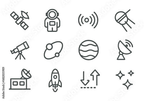 Space Exploration Icons. Outline icon set of space exploration signals: satellite, astronaut, radio waves,