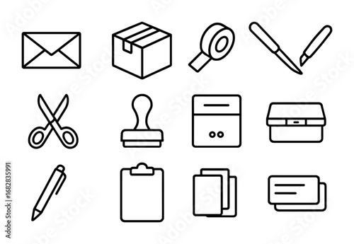 Mailroom Essentials Icons. Outline icon set of mailroom essentials: envelope, package, parcel tape, letter