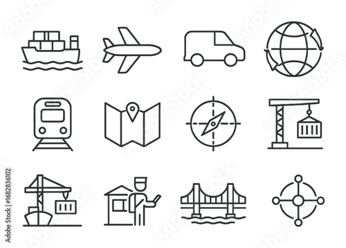 Trade Route Icons. Outline icon set of trade routes: cargo ship, airplane, delivery van, globe arrows, train,