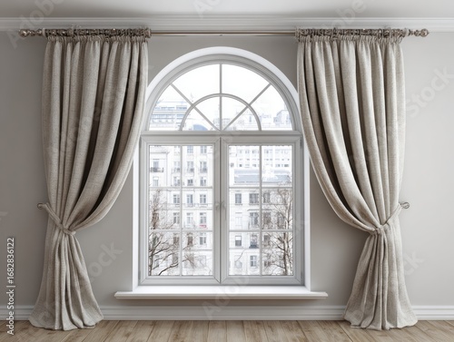 A stylish, light beige linen window treatment graces a room with an arched window, offering a view of city buildings in the winter.