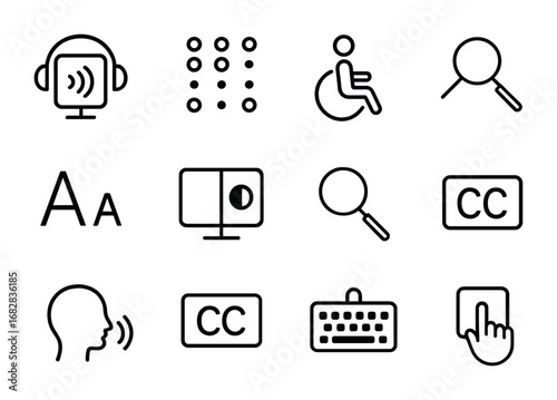 Digital Accessibility Icons. Outline icon set of digital accessibility: screen reader, braille, wheelchair