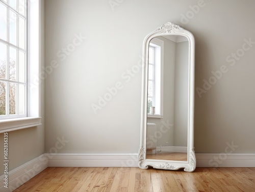 A classic, ornate, white, floor-length mirror stands in a room with light beige walls and a wooden floor.