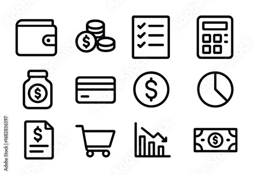 Budgeting Icon Set. Outline icon set of personal budgeting: wallet, coins, checklist, calculator, savings jar,