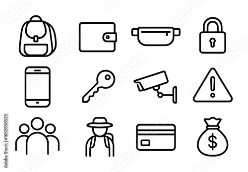 Pickpocket Prevention Icons. Outline icon set of pickpocket prevention: backpack, wallet, money belt, padlock,
