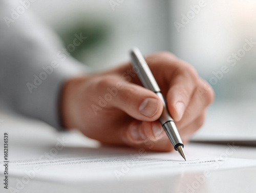 Signing a contract with a fountain pen. Closeup on a hand, writing, signing legal documents. Symbolizes agreement, business, and important decisions. Ideal for finance, legal, and insurance content.